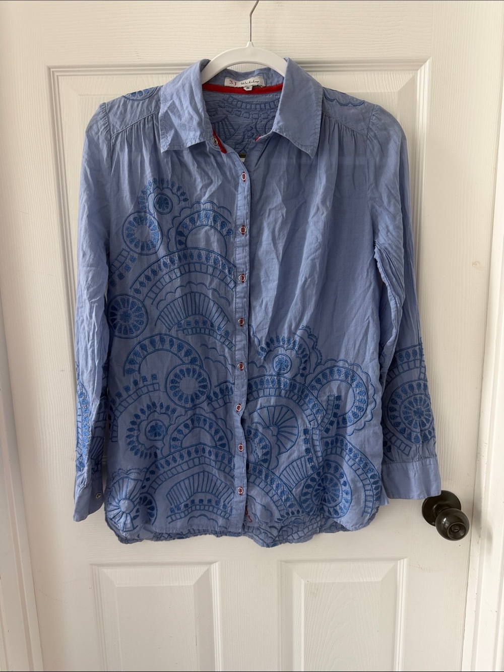 Johnny Was Light Blue Shirt with Red Trim